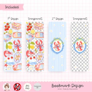 May include: Bookmark designs featuring seafood and floral motifs. The first design has a light blue background with illustrations of lobsters, sardines, lemons, and tomatoes. The second design has a blue and white striped background with a lobster in a decorative frame.