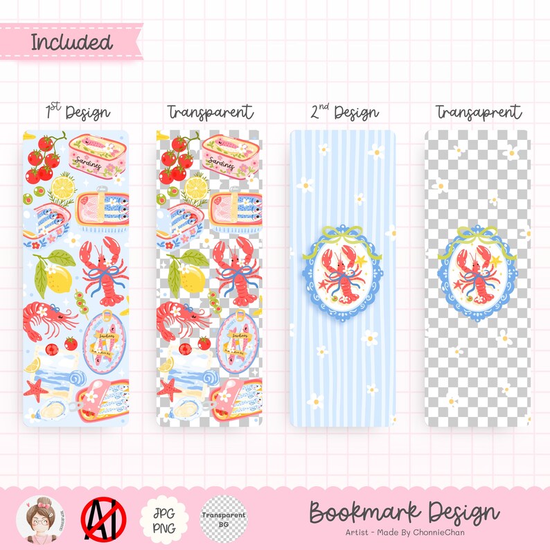 May include: Bookmark designs featuring seafood and floral motifs. The first design has a light blue background with illustrations of lobsters, sardines, lemons, and tomatoes. The second design has a blue and white striped background with a lobster in a decorative frame.