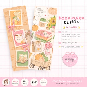 May include: Two vertical bookmarks featuring autumn-themed illustrations including pumpkins, a wagon, books, a coffee cup, and boots. The design includes text such as 'FALL IS MY RESET', 'PUMPKIN COOKIES', and 'good things grow here' alongside a checklist.