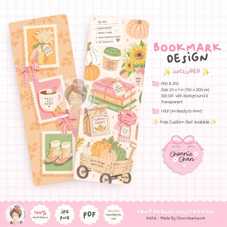May include: Two vertical bookmarks featuring autumn-themed illustrations including pumpkins, a wagon, books, a coffee cup, and boots. The design includes text such as 'FALL IS MY RESET', 'PUMPKIN COOKIES', and 'good things grow here' alongside a checklist.