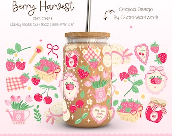 Farmhouse Berry Glass Can Wrap, Coquette Berry Wrap, Strawberry Glass Can, Coquette Cherry Wrap, Farmhouse Cottage Vibes, UV DTF Wrap