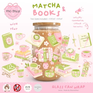 Puede incluir: Ilustración digital de un diseño de envoltura de lata de vidrio con elementos temáticos de matcha. El diseño incluye libros, tazas y detalles florales en tonos verdes, rosas y marrones. El texto incluye "Matcha & Books" y "Matcha Addict".