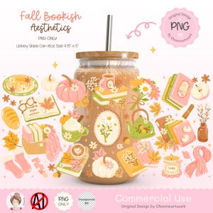 May include: A glass Libbey can with a wooden lid and a metal straw, decorated with a fall-themed design. The design includes pumpkins, books, leaves, and the text "Fall Bookish Aesthetics." The can is 24.77 cm by 12.7 cm.