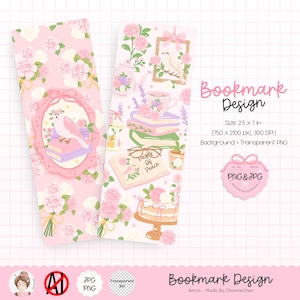 Puede incluir: Dos marcapáginas rosas con motivos florales e ilustraciones de pájaros, libros y tazas de té. Un marcapáginas presenta un pájaro en un marco ovalado, el otro tiene una tetera y el texto "Pages of Peace". Los marcapáginas miden 6,35 cm x 17,78 cm.