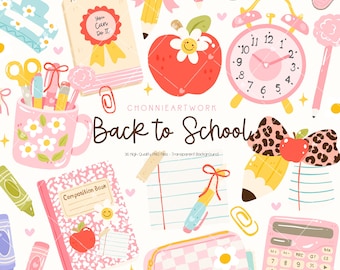 May include: A collection of school-themed illustrations in a pastel color palette. Includes a pink alarm clock, pencils, notebooks, an apple, a calculator, and the text "Back to School".