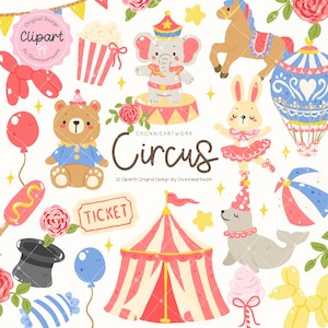 Ensemble de cliparts cirque, animal de carnaval mignon PNG, carnaval d'été PNG, animal de cirque mignon, anniversaire pastel, chambre d'enfant mignonne, baby shower