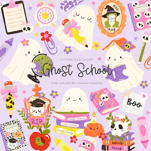 Puede incluir: Ilustración caprichosa con fondo morado que presenta fantasmas, libros, lápices y un globo terráqueo, todo con temática escolar. El texto dice "Ghost School" y "Boo". Otros elementos incluyen una rana con sombrero de bruja, una calabaza y una calavera.