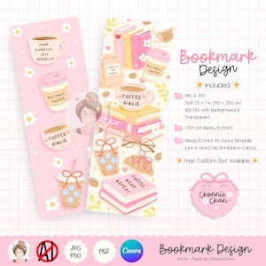 May include: Two pink bookmark designs with coffee and book illustrations. One bookmark features coffee cups and the phrase "More Espresso, Less Depresso." The other has books, coffee, and the text "Coffee Read Repeat." The design includes the text "Bookmark Design."
