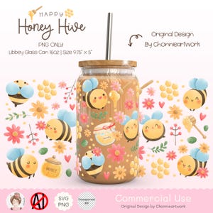 Honey Bee Hive Glass Can Wrap | Cute Bee and Flower PNG for 16oz Libbey Glass | Honeycomb Cup Wrap Sublimation and UV DTF Wrap Design