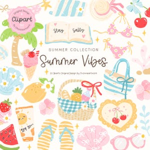 May include: A collection of summer themed clipart illustrations, including a beach umbrella, a palm tree, a book with the words "Stay Salty", a basket of fruit, a watermelon slice, a pair of flip flops, a seashell, a heart with cherries, a beach bag, a swimsuit, a sun hat, a lemon, a pineapple, a cherry, a strawberry, a seashell, a pair of sunglasses, a tube of sunscreen, and an ice cream cone.