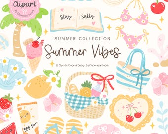 May include: A collection of summer themed clipart illustrations, including a beach umbrella, a palm tree, a book with the words "Stay Salty", a basket of fruit, a watermelon slice, a pair of flip flops, a seashell, a heart with cherries, a beach bag, a swimsuit, a sun hat, a lemon, a pineapple, a cherry, a strawberry, a seashell, a pair of sunglasses, a tube of sunscreen, and an ice cream cone.