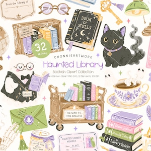 May include: A digital illustration set titled Haunted Library Bookish Clipart Collection featuring a black cat, a ghost librarian, a book cart, a spell book, stacks of books, a teacup, an envelope with a wax seal, and various library themed items.