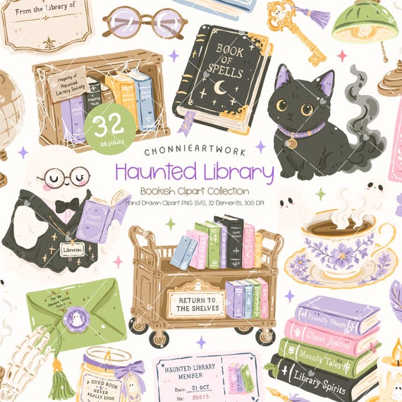 Haunted Library Clipart, Ghost Bookish PNG, Halloween Bookish, Cozy Spooky Clipart, Dark Academia, Spooky Bookish, Halloween Sticker