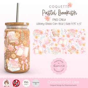 Coquette Pastel Book Wrap PNG for Libbey Glass Can, Cute Girly Bookshelf Sublimation, Floral UV DTF Wrap Design, Book Lover,Bookish Girly
