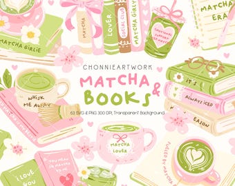 Könnte beinhalten: Eine digitale Illustration mit Matcha- und Buchmotiven. Sie zeigt Matcha-Getränke, Bücher mit Titeln wie "Matcha Girly" und "Matcha Lover" sowie florale Akzente. Die Farbpalette ist sanft, mit Rosa, Grün und Weiß, was eine skurrile Ästhetik erzeugt.