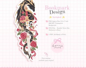 Marque-page découpé en forme d'épée de dragon (PNG/SVG), Marque-page romantique sombre, Marque-page dragon fantastique, Dague florale, Cadeau pour amoureux des livres, Marque-page à imprimer