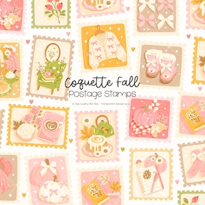 May include: A collection of Coquette Fall postage stamps in a repeating pattern. The stamps feature illustrations of pumpkins, sweaters, bows, boots, and other fall-themed items. The text "Coquette Fall Postage Stamps" is displayed.