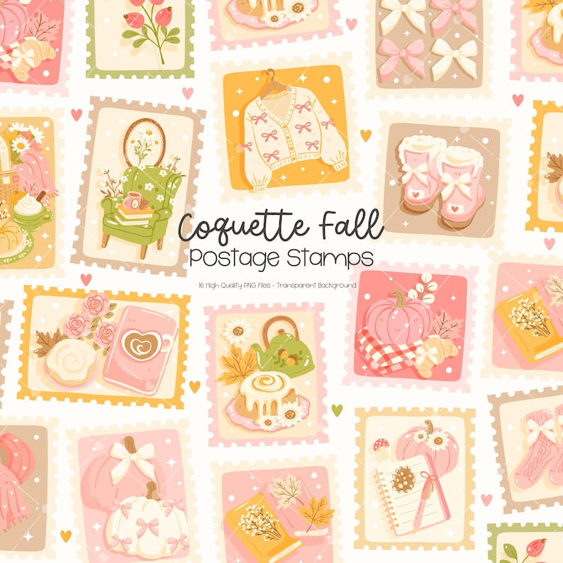 May include: A collection of Coquette Fall postage stamps in a repeating pattern. The stamps feature illustrations of pumpkins, sweaters, bows, boots, and other fall-themed items. The text "Coquette Fall Postage Stamps" is displayed.