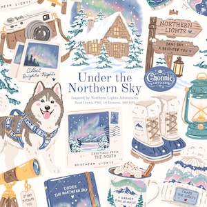 May include: A digital illustration set featuring a husky, a snow-covered cabin, a camera, winter boots, a lantern, a telescope, a mug with hot cocoa, a knit hat, and polaroid-style photos with text including Under the Northern Sky and Greetings.