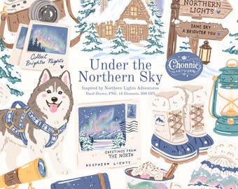 Norrsken Clipart, Aurora Borealis PNG, Arktisk vinter Clipart, Mysigt vinteräventyr, Snöig natt Illustration Set, Arktisk natt