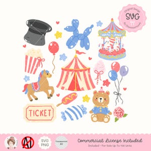Illustration clipart cirque, animal de carnaval mignon PNG, carnaval girly d'été PNG, animal de cirque mignon, anniversaire pastel, chambre d'enfant mignonne, baby shower