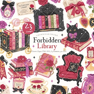 May include: A digital illustration set titled Forbidden Library by Chonnieartwork featuring 23 hand-drawn elements including a black cat on a book, a red armchair, stacks of books, a love potion bottle, a teacup, candles, and floral accents.