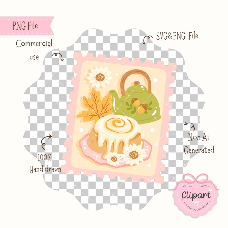 May include: A digital illustration featuring a cinnamon roll with icing, a green teapot, and autumn leaves. The image includes the text "PNG File", "Commercial use", "SVG&PNG File", "100% Hand drawn", "Non Ai Generated", and "Clipart".