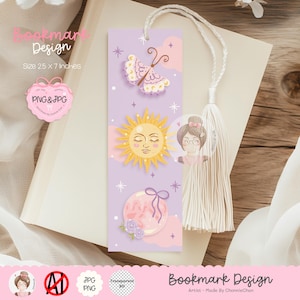 May include: A lavender bookmark featuring a butterfly, sun, and moon design. The bookmark is 2.5 x 7 inches and has a white tassel. The design includes the text "Bookmark Design" and "PNG & JPG".