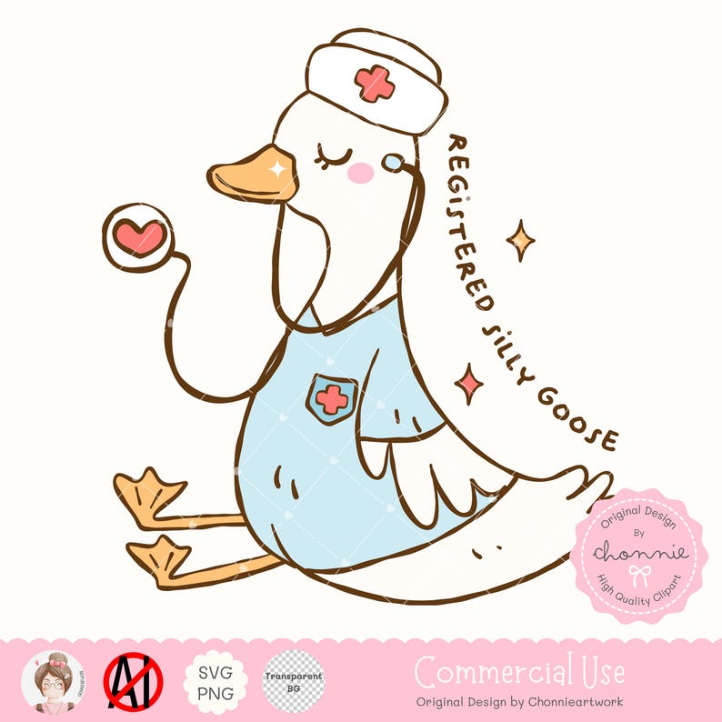 May include: A cartoon illustration of a goose wearing a nurse's uniform and hat. The goose is holding a stethoscope and has a heart on the end. The text "REGISTERED SILLY GOOSE" is written on the right side of the image.