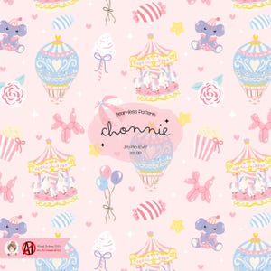 Pastel Carousel Seamless Pattern, Summer Girly Carnival, Cute Circus Animal, Pastel Birthday Repeat Pattern, Cute Nursery, Baby Shower Paper