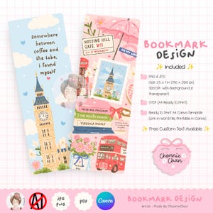 May include: Two illustrated bookmarks with London themes. One features Big Ben and the text "somewhere between coffee and the tube, I found myself." The other shows a red double-decker bus, books, and an umbrella. The design includes the text "Bookmark Design."