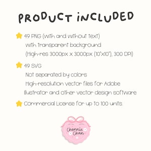 May include: White background with the text "PRODUCT INCLUDED". The text describes 49 PNG files, 49 SVG files, and a commercial license. The image also includes a pink heart-shaped logo with the text "Chonnie Chan".
