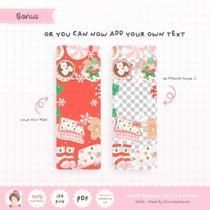 May include: Two vertical rectangular digital bookmarks featuring Christmas illustrations including hot cocoa with marshmallows, gingerbread cookies, candy canes, snowflakes, and socks. One bookmark has a solid red background, the other a transparent grid.