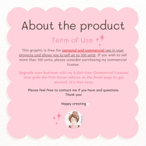 Puede incluir: Gr&aacute;fico rosa con texto que dice "Acerca del producto" y "T&eacute;rminos de uso". El texto explica que el gr&aacute;fico es gratuito para uso personal y comercial hasta 100 unidades. Para vender m&aacute;s de 100 unidades, se requiere una licencia comercial. El texto tambi&eacute;n menciona una licencia comercial de 5.000 art&iacute;culos disponible para su compra.
