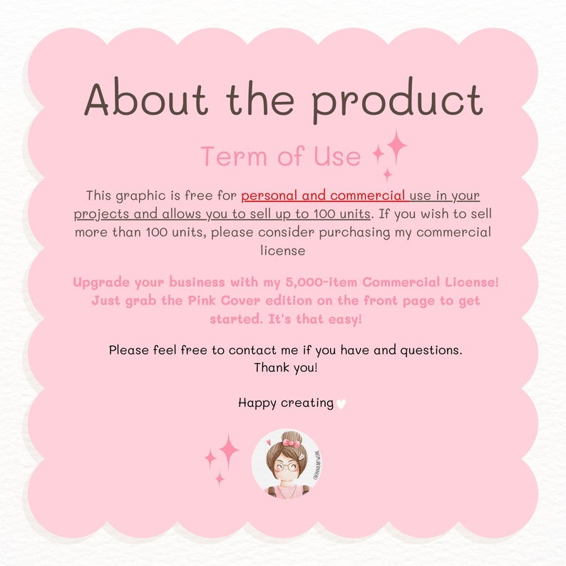 Puede incluir: Gr&aacute;fico rosa con texto que dice "Acerca del producto" y "T&eacute;rminos de uso". El texto explica que el gr&aacute;fico es gratuito para uso personal y comercial hasta 100 unidades. Para vender m&aacute;s de 100 unidades, se requiere una licencia comercial. El texto tambi&eacute;n menciona una licencia comercial de 5.000 art&iacute;culos disponible para su compra.