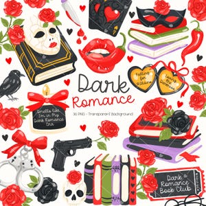 Peut inclure: Illustrations sur le thème de la romance sombre. Comprend des roses rouges, des livres, un corbeau, un crâne, un pistolet, un masque et des cœurs. Le texte comprend "Dark Romance", "Falling for Villains" et "Loving the Darkness."