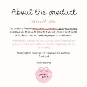 May include: A light pink graphic with the text "About the product" and "Term of Use". The text explains the graphic is free for personal and commercial use, allowing sales up to 100 units. A pink heart-shaped logo with the text "Chonnie Chan" is at the bottom.