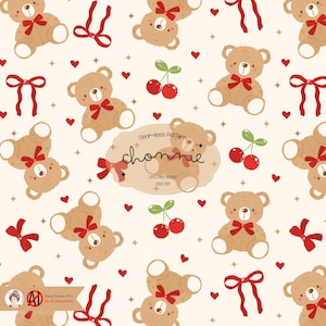 Puede incluir: Un patrón sin costuras con osos de peluche marrones con lazos rojos, cerezas rojas con tallos verdes y lazos rojos sobre un fondo blanco. El texto "channie" está en una nube blanca con un contorno rojo.
