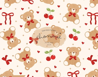 Coquette Teddy Bear Seamless Pattern, Cute Bear Cherry Seamless, Bear Cherries, Cute Bear Background, Bear Coquette Pattern, Digital Paper