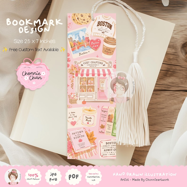 K&ouml;nnte beinhalten: Ein rechteckiges Lesezeichen mit den Ma&szlig;en 6,35 x 17,78 cm auf rosa Hintergrund mit Illustrationen eines Boston-Sweatshirts, eines Kaffeebechers, einer Buchhandlung, einer Kerze, B&uuml;chern und einer wei&szlig;en Kordel mit Quaste.