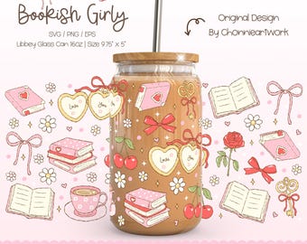Coquette Bookish Girly Glass Can Wrap, Girly Cup Wrap Design, Book Lover Wrap, Bookish Glass Wrap, Books Wrap, Coquette Book png, UV DTF