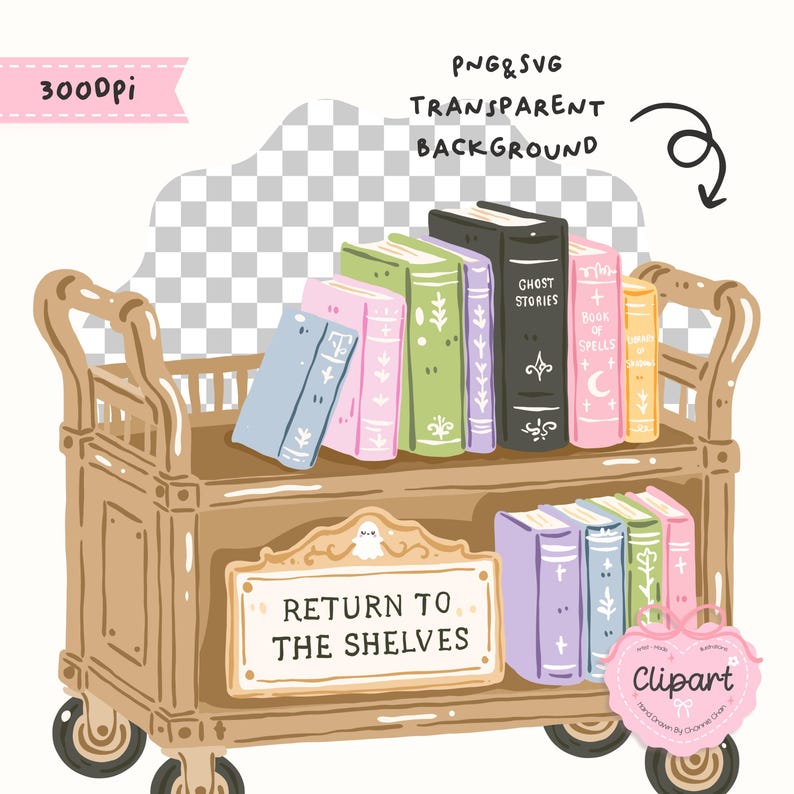 May include: A brown rolling cart with two shelves filled with colorful books. The top shelf holds blue, pink, green, purple, black, and yellow books. The bottom shelf features purple, blue, green, and pink books with a sign reading RETURN TO THE SHELVES.