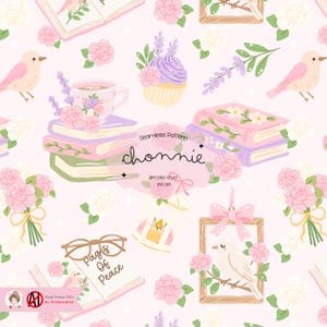 May include: A seamless pattern with illustrations of books, flowers, birds, cupcakes, and teacups in pastel shades. The design includes the text "Pages of Peace" and "chonnie". The color scheme is soft, with pinks, purples, and greens.