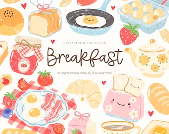 Cottagecore Breakfast Clipart Set Cute Kawaii Morning Food Illustration, Eggs Toast Jam Croissant Tea Milk Sausage Whimsy Cozy Kitchen Decor