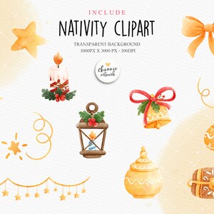 Puede incluir: Conjunto de clipart de acuarela de elementos de la natividad navide&ntilde;a, que incluye una estrella, una vela, una linterna, una campana, un frasco, un cofre y una guirnalda con estrellas. El fondo es una acuarela de color naranja claro.