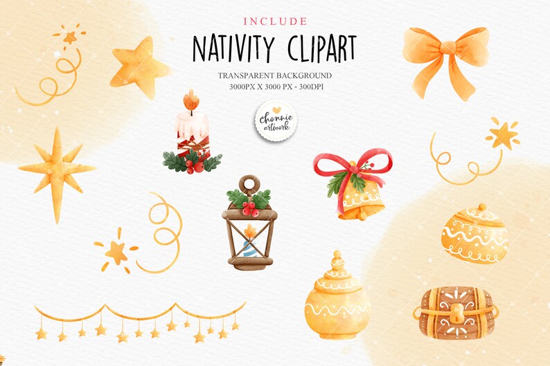Puede incluir: Conjunto de clipart de acuarela de elementos de la natividad navide&ntilde;a, que incluye una estrella, una vela, una linterna, una campana, un frasco, un cofre y una guirnalda con estrellas. El fondo es una acuarela de color naranja claro.