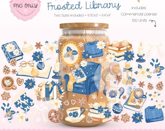 May include: A festive digital illustration for a glass can wrap, showcasing a Christmas-themed library. The design includes books, a blue armchair, a sweater, and floral elements. The text "Christmas Frosted Library" is displayed.