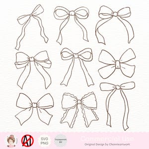 May include: A set of ten hand-drawn black and white bow illustrations. The bows are drawn in various styles and sizes.