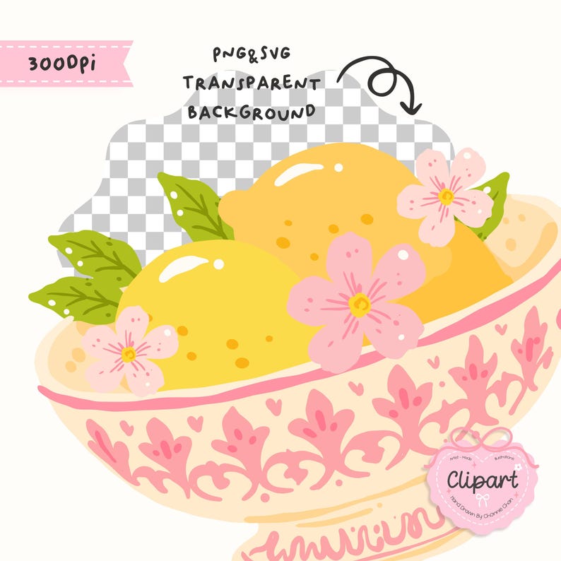 May include: A digital illustration of a bowl filled with lemons, green leaves, and pink flowers. The bowl has a decorative pink and cream design. Text in the image reads "PNG & SVG TRANSPARENT BACKGROUND" and "3000pi". A small pink heart-shaped tag says "Clipart".