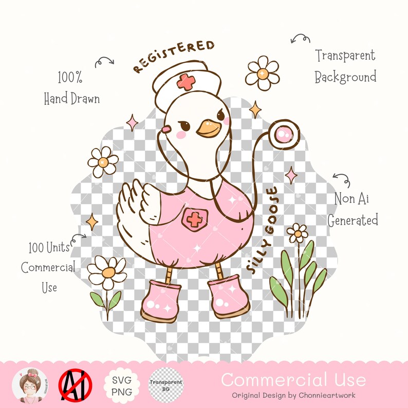 Puede incluir: Una ilustraci&oacute;n de dibujos animados de un ganso con un uniforme de enfermera rosa y un estetoscopio. El ganso est&aacute; de pie en un campo verde con flores. El texto "Silly Goose" est&aacute; escrito en el lado de la imagen. El texto "Registered" est&aacute; escrito en la parte superior de la imagen.